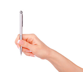 Pen in woman hand isolated on a white background.
