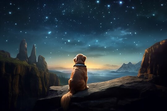 Generative AI. The golden retriever dog sits on top of a cliff among the mountains and admires the views of the night sky with the nebula and stars. Rear view. Fantastic unearthly landscape.