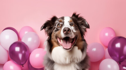 Fototapeta na wymiar Generative AI. Birthday concept. Australian Shepherd dog brown Merle on a pink background among colorful balloons, front view. A minimalistic greeting card with aussie puppy.