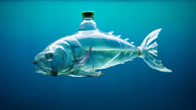A bottle of water in the shape of a fish concept representing ocean pollution with plastic
