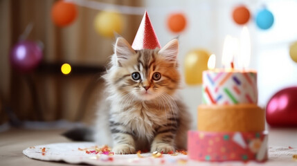 Cute cat kitten celebrating his birthday with home party and cake