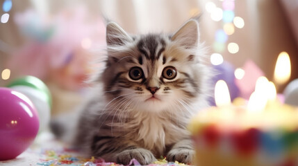 Cute cat kitten celebrating his birthday with home party and cake