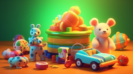 Obraz premium Composition of toys and items related to newborn baby boys with vivid colors background