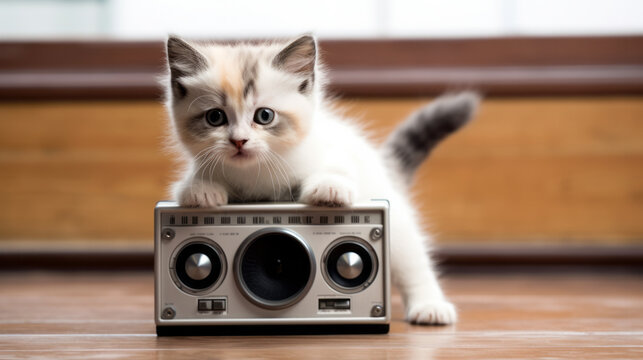 Cute cat kitten listening to music and dancing with a music player