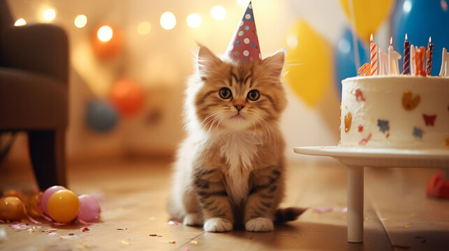 Cute cat kitten celebrating his birthday with home party and cake
