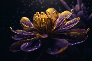 Illustration of a floral abstract in purple and yellow. Generative AI