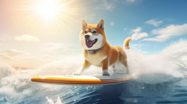 Cute shiba inu dog surfing waves on a surfboard on sunny summer day