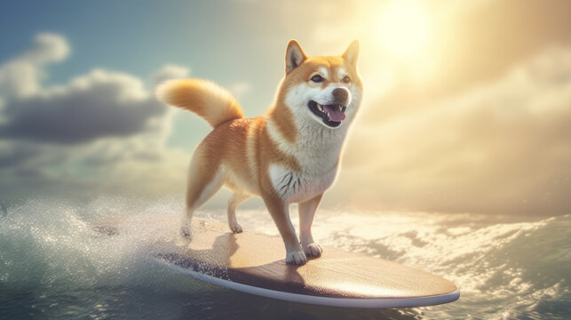 Cute shiba inu dog surfing waves on a surfboard on sunny summer day