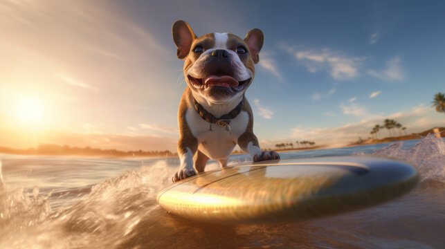 Cute dog surfing waves on a surfboard on sunny summer day