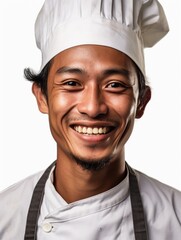 young chef feeling happy, cool, satisfied, relaxed and successful, pointing at camera, against white wall, AI generative