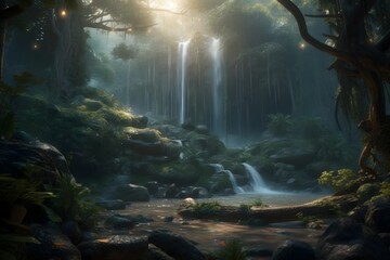 Enchanting fairy forest with waterfalls, Mysterious Cave Nestled Within the Forest Embrace. AI Generative 