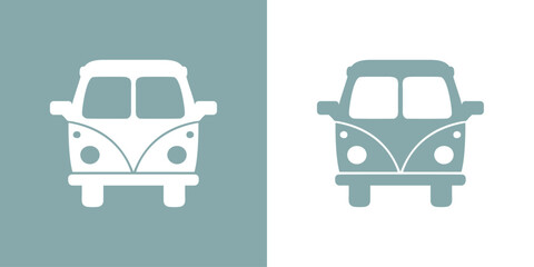 Furgoneta de playa. Vista frontal de autobús hippie retro. Silueta de auto antiguo de estilo retro de los años 60 o 70 © teracreonte