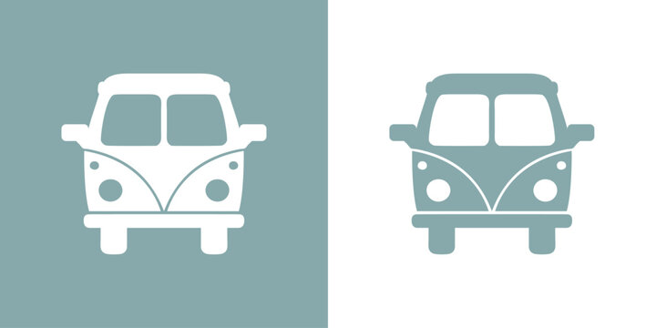 Furgoneta de playa. Vista frontal de autobús hippie retro. Silueta de auto antiguo de estilo retro de los años 60 o 70