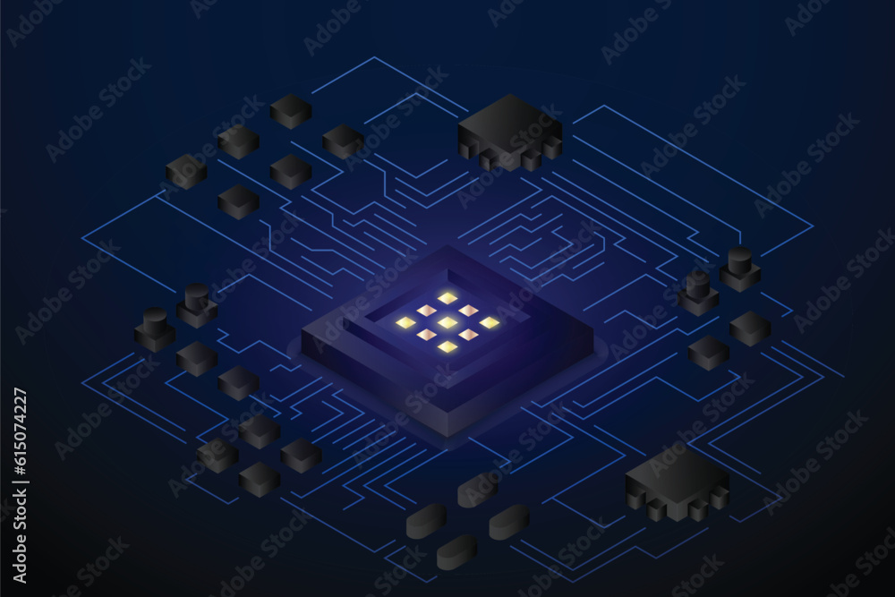 Poster abstract technology chip processor background circuit board and html code,3d illustration blue techn