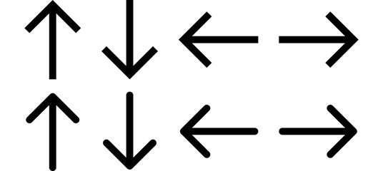 Arrow up, arrow down, arrow left, arrow right. Black arrows flat icons set. Vector isolated on white background.