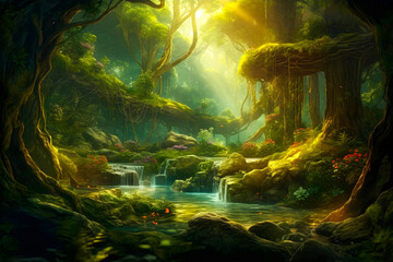 Enchanting fairy forest with waterfalls, Mysterious Cave Nestled Within the Forest Embrace. AI Generative 