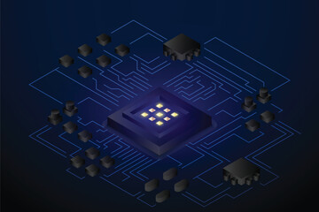 Abstract technology chip processor background circuit board and html code,3D illustration blue technology background vector.