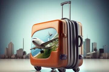 3D illustration with suitcase with plane on the suitcase. Travel concept
