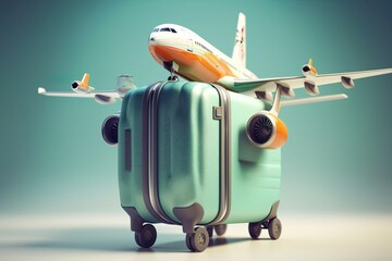 3D illustration with suitcase with plane on the suitcase. Travel concept