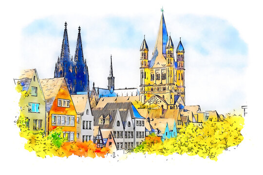 Old houses, St. Martin Church and Cologne Cathedral, Germany. Facade of colorful buildings in Cologne old town, watercolor sketch illustration.