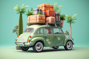Green car ready for holiday with luggage on top of the car