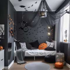 Recreation area of modern small house with Halloween creative decorations.