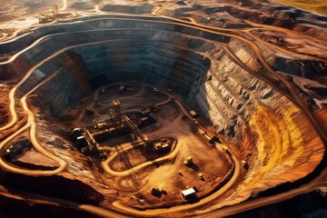 An impressive aerial panoramic view of an active mining site, providing a unique perspective and showcasing the vastness and magnitude of mining operations. Generative AI