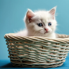 Fototapeta na wymiar White cute kitten sits in a wicker basket on a blue background.Generative AI