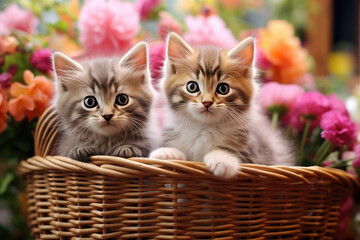 Fototapeta na wymiar Two cute kittens are sitting in a wicker basket against the background of flowers.Generative AI