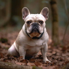 Fototapeta premium French Bulldog dog sitting, front view, looking serious into the camera, pet portrait, outdoor image, full body, matte photo, hight quality, sharp focus, blurred background 