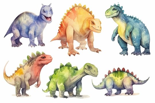 set of colorful dinosaurs painted in watercolor on a white isolated background. Generative AI