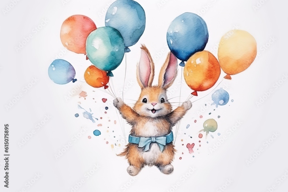 Wall mural Cute rabbit and balloons on cloud painted in watercolor on a white isolated background. Generative AI