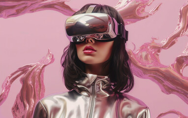 Ai-generated illustration of a fashionable woman wearing luxury virtual reality (VR) goggles fuses fashion, technology, and creativity. Showcases the transformative power of personal style.