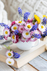 Fototapeta na wymiar Beautiful spring or summer floral composition with daisy camomile flowers in a white cup for countryside table decor. Greeting card for Women's or Mother's Day, 8th of March. Wooden background
