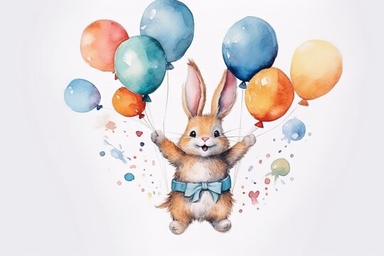 Cute rabbit and balloons on cloud painted in watercolor on a white isolated background. Generative AI