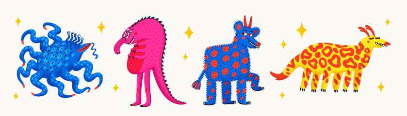 Cute cartoon vector monsters. Different funny monster characters with stippled texture. Hand-drawn vector illustration in a bold modern style.