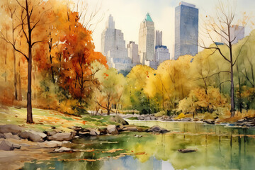 Beautiful image of Central Park in New York in watercolor technique. drawing, romantic painting, calm, precious. ai generated illustration