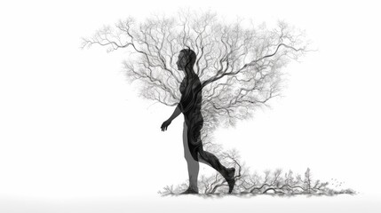 Silhouette of a man near a tree double exposure illustration - Generative AI.