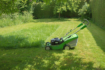 mowing the grass in the home garden with a gas lawnmower, work not finished