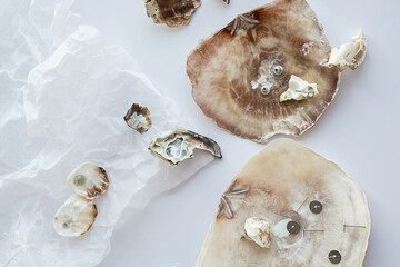 Handmade seashell earrings and tools for creating. Crafting eco friendly jewelry from natural material.