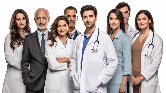happy multiracial medical professionals standing in the studio with white background, group portrait, AI generative