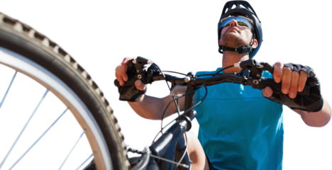 Digital png photo of caucasian male cyclist on bicycle on transparent background