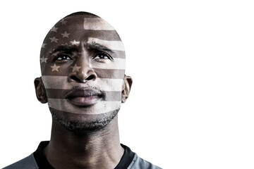 Digital png photo of biracial man with flag of usa on face on transparent background