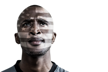Digital png photo of biracial man with flag of usa on face on transparent background