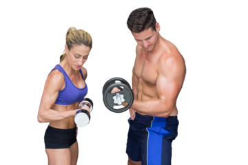 Digital png photo of muscular caucasian couple lifting dumbbells on transparent background