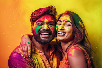 Obraz premium Colorful Love in Full Bloom: A Blissful Indian Couple Embracing Holi's Vibrant Festival, ai generative