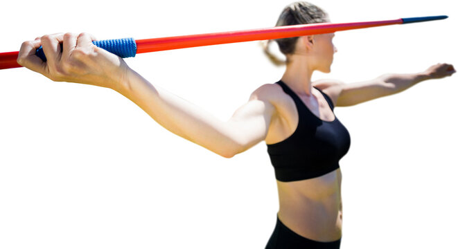 Digital png photo of caucasian sports woman holding javelin on transparent background