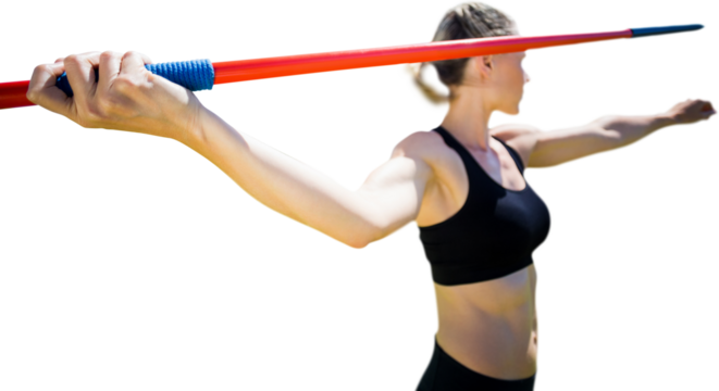 Digital png photo of caucasian sports woman holding javelin on transparent background