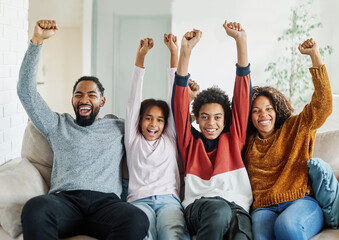 child family mother portrait father woman happy hand up celebration teamwork daughter son man girl black american african smiling happiness  love together boy - Powered by Adobe