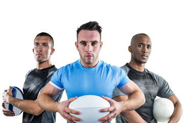 Digital png photo of diverse male rugby players with rugby balls on transparent background